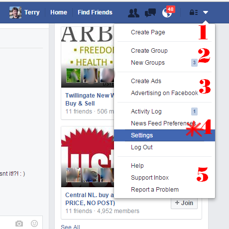 Facebook settings menu